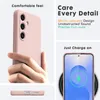 A hand holding a pink phone case, with close-ups of the case's features and a phone charging wirelessly. Voir les images du produit