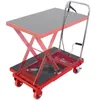A red hydraulic scissor lift table with a gray platform is shown against a white background. Voir les images du produit