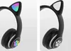Two views of black headphones with cat ears, one with colorful LED lights and the other with white accents. Náhled obrázku produktu