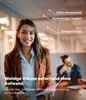 A woman is smiling at the camera in an office setting, with a man blurred in the background. Text overlays highlight product features. Produktbild-Vorschau