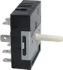 A close-up side view of a black electrical switch with a white knob and metal mounting bracket, isolated on a white background. Produktbild-Vorschau