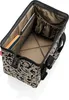 An open tote bag with a patterned exterior and tan interior, showing internal compartments and some items placed inside. Produktbild-Vorschau