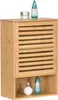 A bamboo bathroom cabinet with a slatted door and open shelves, displaying toiletries and perfume bottles. Produktbild-Vorschau