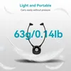 A pair of wireless headphones with a central control unit, presented with floating feathers and text highlighting its lightweight and portable nature. Produktbild-Vorschau