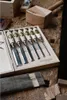A set of woodworking chisels is displayed in a wooden box on a workbench, surrounded by wood shavings and other tools. Podgląd zdjęcia produktu
