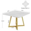 A square dining table with a marble-effect top and gold metal legs, shown with dimensions and a diagram indicating it's for 4 people. Produktbild-Vorschau