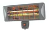 A dark gray electric heater with glowing orange heating elements, mounted on a bracket with a switch. Produktbild-Vorschau