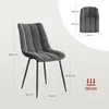 A dark gray upholstered chair with dimensions shown in centimeters, and a separate diagram showing the backrest dimensions. A weight capacity icon is also present. Produktbild-Vorschau