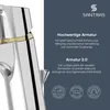 A close-up of a faucet with marketing text and logos on a dark background. Produktbild-Vorschau