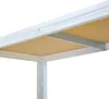 A close-up view of a white metal shelf unit with wooden shelves. Voir les images du produit