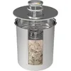 A cutaway view of a stainless steel meat cooker with a thermometer on top, showing the meat inside. Produktbild-Vorschau