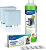 A collection of coffee machine cleaning and maintenance supplies, including water filters, descaling liquid, and cleaning tablets, arranged on a white background. Náhľad obrázku produktu