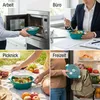 A collage of four images showing a green microwaveable bowl being used in different scenarios: in a microwave, at an office desk, at a picnic, and being placed in a refrigerator. Produktbild-Vorschau