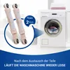 Two shock absorbers are shown in the foreground, with a washing machine in the background. A blue circle highlights the shock absorbers and a blue banner at the bottom contains text. Produktbild-Vorschau