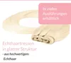 A close-up of blonde hair extensions on a white background, with marketing text overlay. Produktbild-Vorschau
