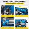 A collage of four close-up images showcasing different features of a blue metal lathe. Produktbild-Vorschau