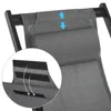 Close-up of a dark gray fabric headrest on a lounge chair, showing adjustable velcro straps. Voir les images du produit