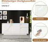 A white sideboard with LED lighting is shown in a room with black paneled walls and framed artwork. Insets show a protective film and a hand cleaning the surface. Anteprima dell’immagine prodotto