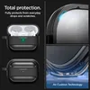 Collage of images showing an AirPods Pro case with text highlighting its protective features and technology. Produktbild-Vorschau