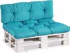 A turquoise pallet sofa cushion set on a white wooden pallet. Voir les images du produit
