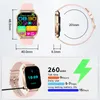 A collage of images showing a pink and gold smartwatch with its dimensions and battery specifications. Produktbild-Vorschau