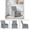 A collage of images showing a light gray fabric recliner chair from different angles, set in a living room environment. Náhľad obrázku produktu