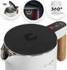 A collage of images showcasing a white electric kettle with wood accents, highlighting its features. Produktbild-Vorschau
