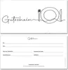 A two-part image showing a stylized drawing of cutlery and a plate on the top part, and a blank voucher template on the bottom part. Produktbild-Vorschau