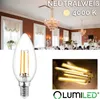 A collage featuring a clear product shot of an LED light bulb, a close-up of the filament, and a background image of a decorated room with chandeliers, suggesting its use in ambient lighting. Produktbild-Vorschau