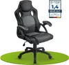 A black and gray racing-style office chair is shown on a green circular mat against a white background. Produktbild-Vorschau