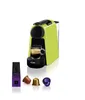 A lime green Nespresso De'Longhi Essenza Mini coffee machine with a cup of espresso and coffee capsules. Produktbild-Vorschau