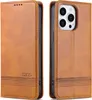 A brown leather flip case for an iPhone 13 Pro, shown from the front and back. Produktbild-Vorschau