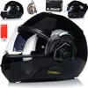 A collage of images showing a black motorcycle helmet and its accessories. Produktbild-Vorschau