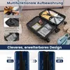 A suitcase is shown open, displaying its interior compartments and features, with additional images and text highlighting its functionality. The bottom part of the image shows two views of the suitcase, demonstrating its expandable design. Náhľad obrázku produktu