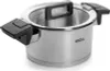 A stainless steel pot with black handles and a lid. Produktbild-Vorschau