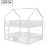 A diagram showing the dimensions of a white bunk bed with a house-shaped frame. Voir les images du produit