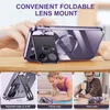 A collage of images showing a phone case with a foldable lens mount, a woman doing yoga with the phone, and a man watching a video on his phone. Produktbild-Vorschau