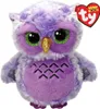 A plush owl toy with large green eyes and a gold beak, sitting on a white background. A red heart-shaped tag with the Ty Beanie Boos logo is attached to its ear. Anteprima dell’immagine prodotto