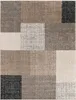 A flat lay of a rectangular rug with a geometric pattern of squares in various shades of brown, beige, cream, and black. Produktbild-Vorschau