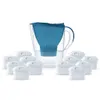 A water filter pitcher with multiple replacement filters arranged in front of it, all on a white background. Náhled obrázku produktu