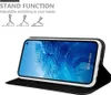 A black flip case for a smartphone is shown open, displaying the phone's screen with a wave wallpaper. Above the case, there are illustrations of three different stand positions for the case, along with text describing the 'Stand Function'. Náhled obrázku produktu