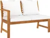 A wooden garden bench with white cushions. Produktbild-Vorschau
