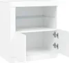 A white sideboard with two doors, one of which is open, revealing two shelves inside. One shelf is made of glass. Voir les images du produit