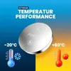 A coin cell battery is shown in the center, with graphics indicating extreme temperature performance. The background is split into blue and yellow sections, representing cold and hot temperatures respectively, with thermometers and weather icons. Produktbild-Vorschau