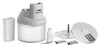 A white and light gray kitchen appliance with various attachments, displayed on a white background. Produktbild-Vorschau