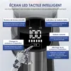 A close-up of a vacuum cleaner's digital display with callouts explaining its features. Voir les images du produit
