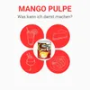 A can of mango pulp is shown in the center, surrounded by illustrations of different food and drink items that can be made with it. Produktbild-Vorschau