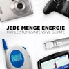 A collage of electronic devices and text promoting energy for high-performance devices. Voir les images du produit