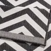 A close-up view of a black and white geometric patterned rug. Voir les images du produit