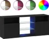 A black TV stand with LED lighting is shown against a white background. Above the TV stand are circular images showing different color options for the LED lighting and a color wheel. Anteprima dell’immagine prodotto